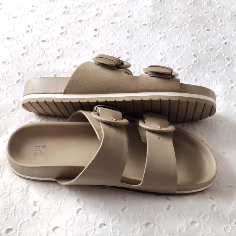Slides Sandals Buckles Dark Tan Like New Size 9 - Picture 2 of 4